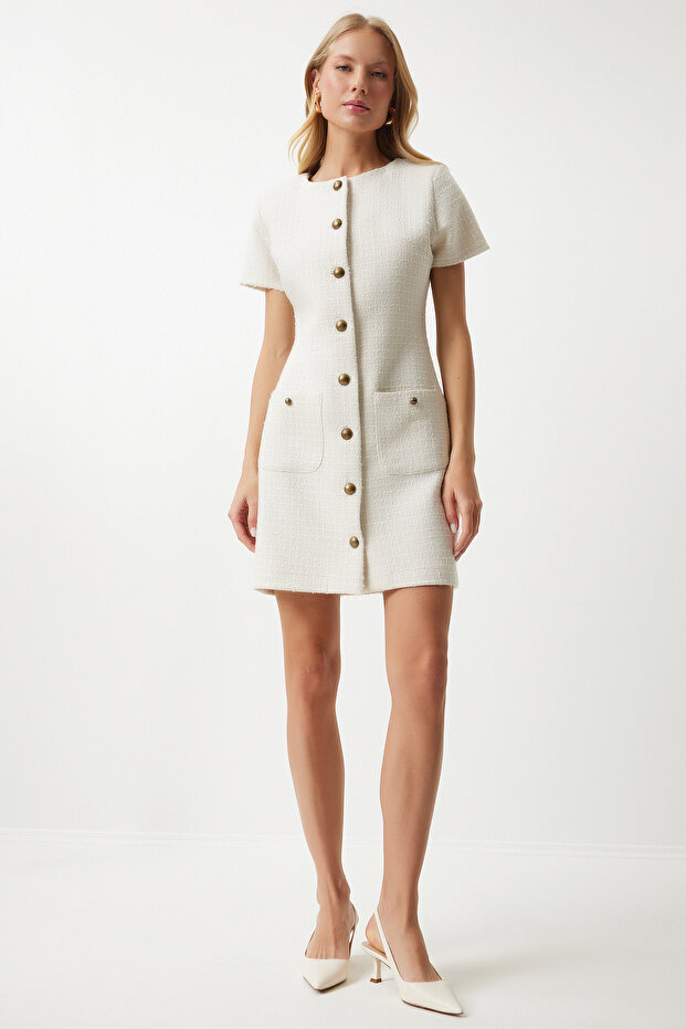 Pocketed Buttoned Mini Tweed Dress Bone Lkj0002