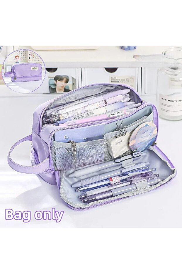 Purple Pencil Bag For School Students With Large Capacity Multi-functional Pen Case Macaron Color Ma