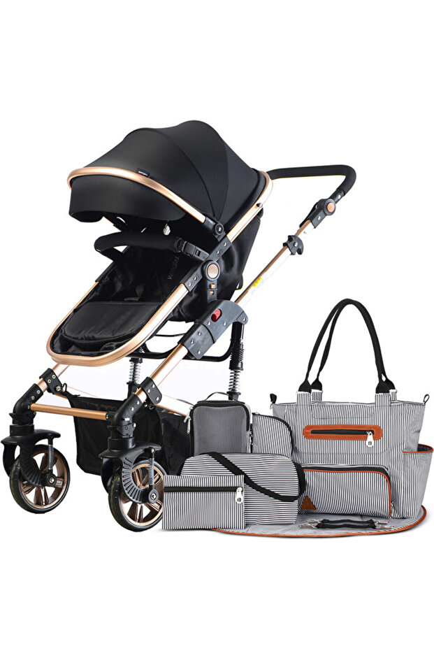 Teknum 3 in 1 Pram Stroller and Diaper Bag Bundle-Black