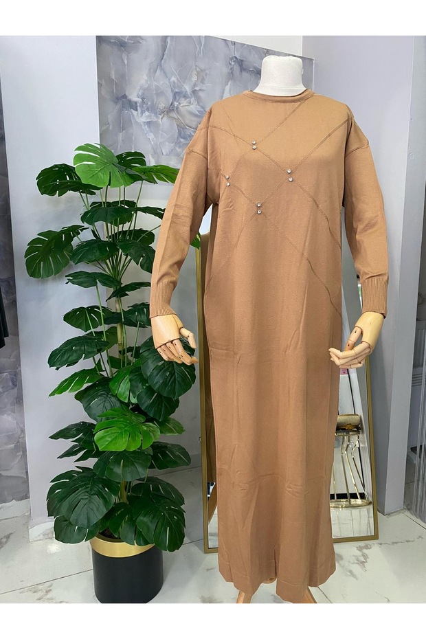 Taş Detaylı Merserize Elbise - 7