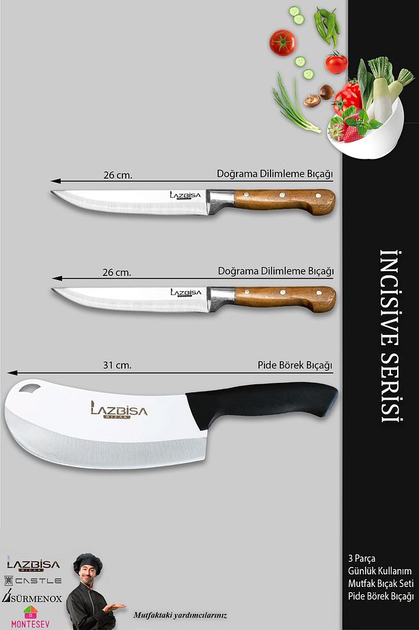 İncisive Serisi Mutfak Bıçak Seti Et Ekmek Sebze Pizza Pide Salata Bıçağı 3 Lü Set ( Mtf-457) - 2