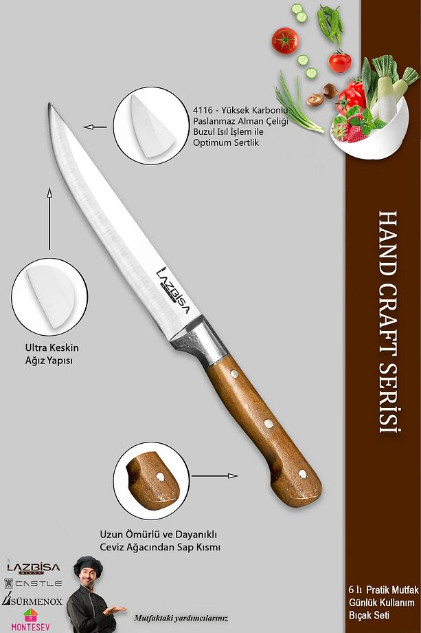 Hand Craft Mutfak Bıçak Seti Et Ekmek Sebze Meyve Bıçağı 6 Lı Set Günlük Kullanım ( Mtf-001 ) - 3