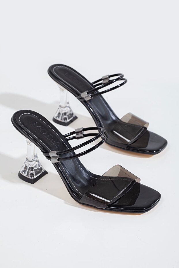 Women's Thin Heeled Black Transparent Ribbed Slippers