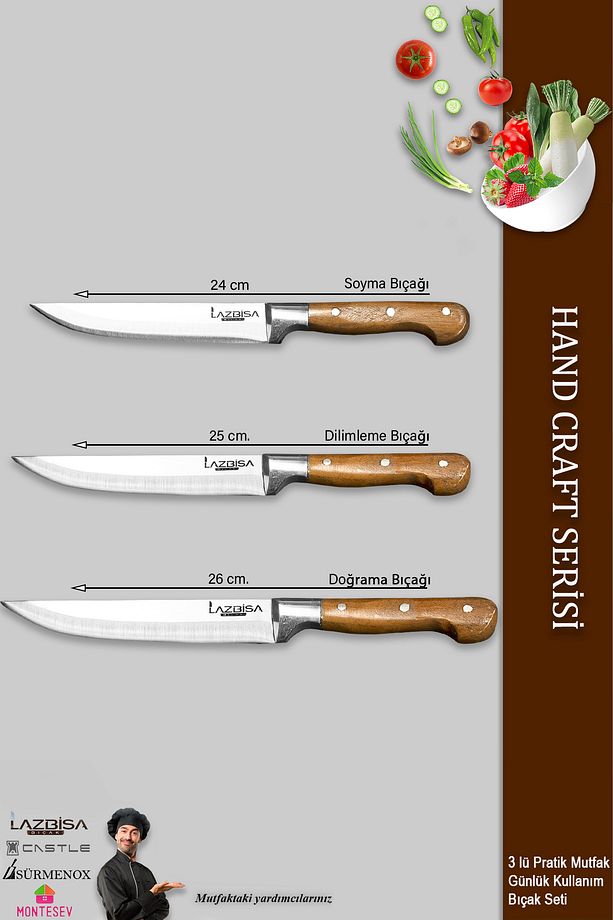 Hand Craft Mutfak Bıçak Seti Et Ekmek Sebze Meyve Bıçağı 3 Lü Set Günlük Kullanım ( Mtf-003 ) - 2