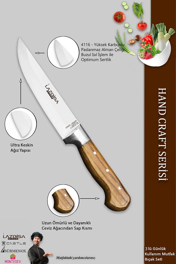 Hand Craft Mutfak Bıçak Seti Et Ekmek Sebze Bıçağı 2 Li Set Günlük Kullanım ( Mtf-127 ) - 4