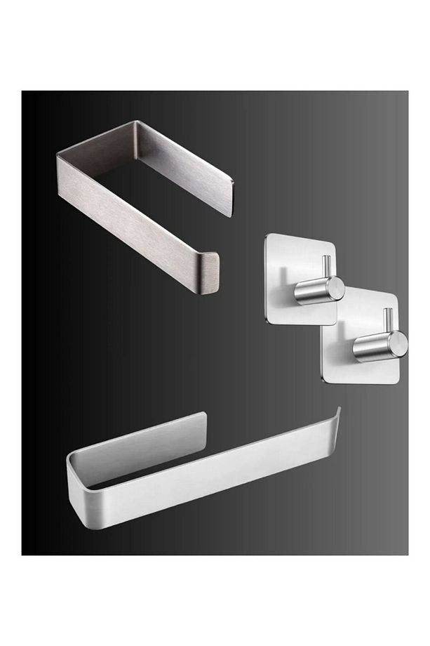 Paslanmaz Çelik Yapışkanlı Havluluk - Tuvalet Kağıtlığı - 2 Adet Askılık SET INOX - 1