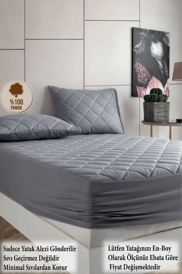 Gri %100 Pamuk Kapitone Fitted Yatak Koruyucu Çarşaf - Bebek-Tek-Çift Kişilik-Battal Yatak Alezi - 4