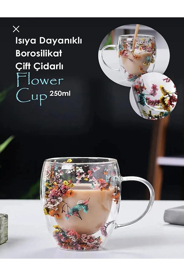 250ml. Çift Çidarlı Çiçekli Kupa Bardak Ve Sunum Bardağı - 1