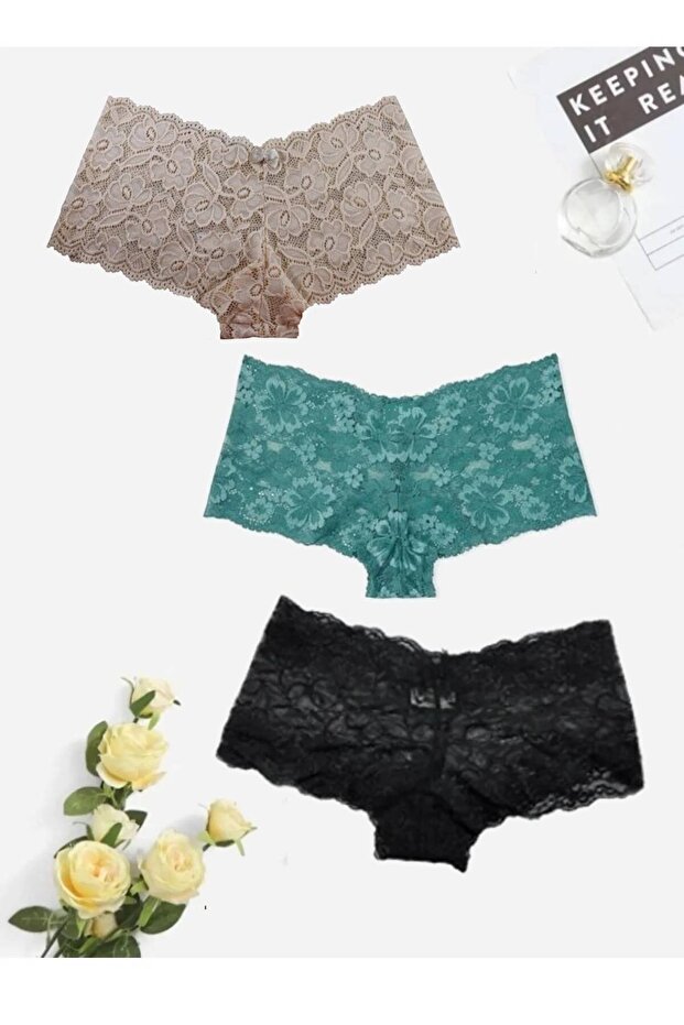 Gecko Dantelli Şort Boxer Kadın Külot 3'lü - 1