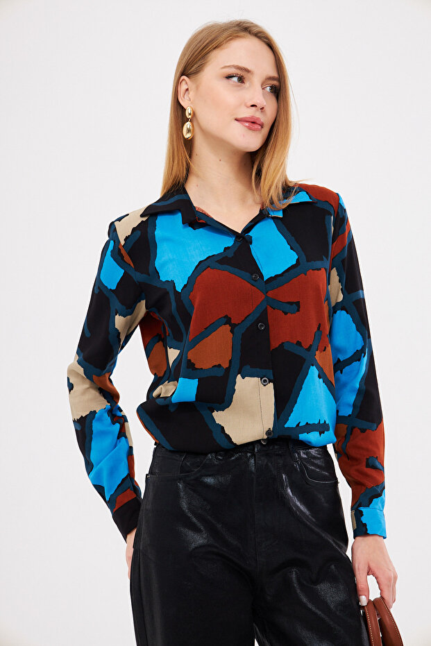 Women's Blue Patterned Long Sleeve Shirt Arm-25K 001040
