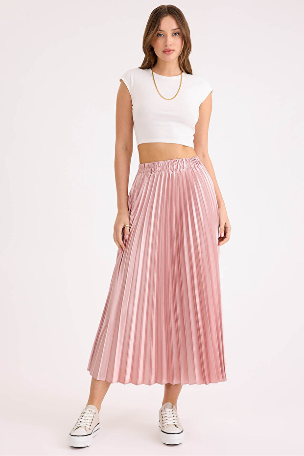 Pleated Midi Satin Skirt with Elastic Waist