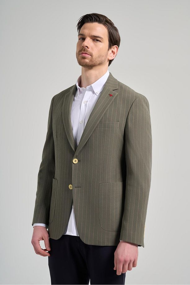 Çizgili Desen Gofreli Mono Yaka Malzemesiz Esnek 6 Drop Slim Fit Ceket 1002250122 - 4
