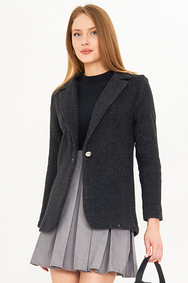 Women's Black Single Button Stamp Jacket Arm-25K 001082
