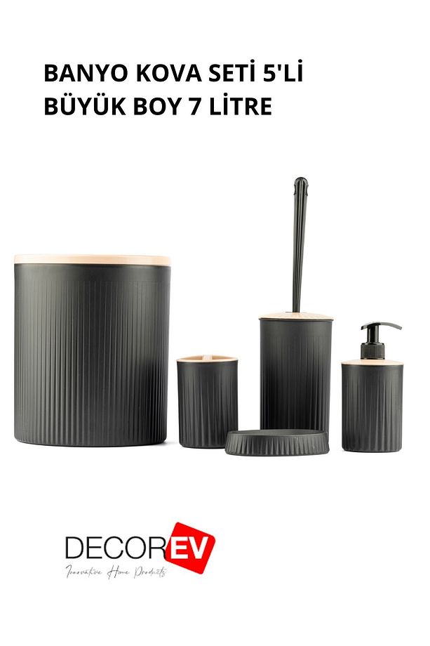 5'li Banyo Seti Siyah Tuvalet Kova Wc Set - 4