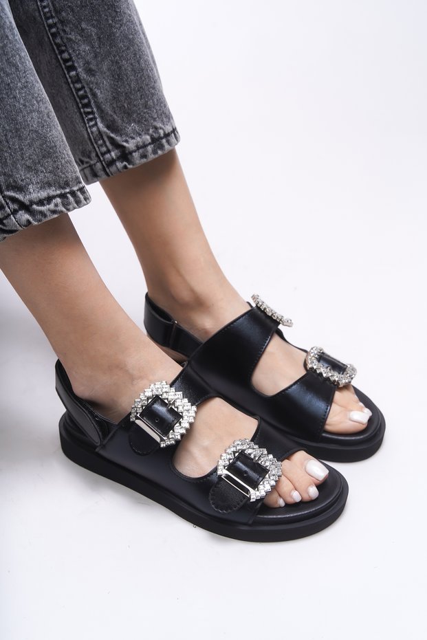 Magmythe Women's Double Buckle Sandals 0012347 Black Metallic