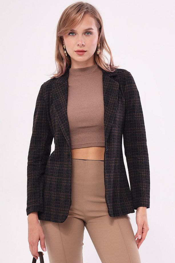 Kadın Kahve Kaşe Tek Düğmeli Ekose Ceket ARM-19K001131 - 5