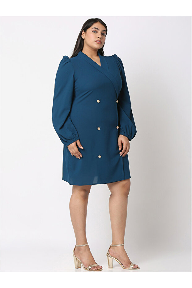 فستان بليزر سادة بأزرار ملفوفة من الأمام - 3