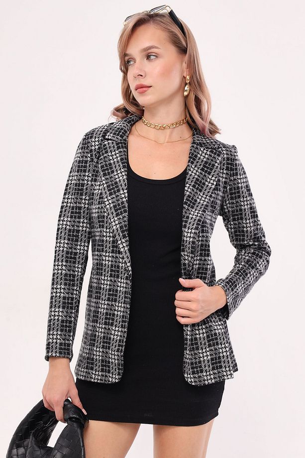 Kadın Gri Kaşe Tek Düğmeli Ekose Ceket ARM-19K001131 - 5