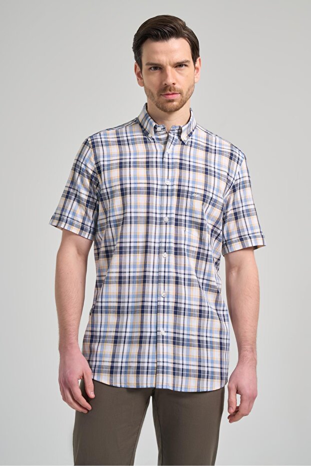 Men's Short Sleeve Plaid Pattern Buttoned Collar Pocket 100% Cotton Comfort Fit Shirt 1004250164