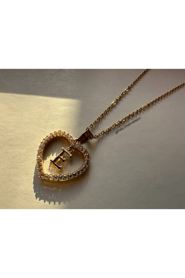 Taşlı Kalp "E" Harf Çelik Kolye - 4