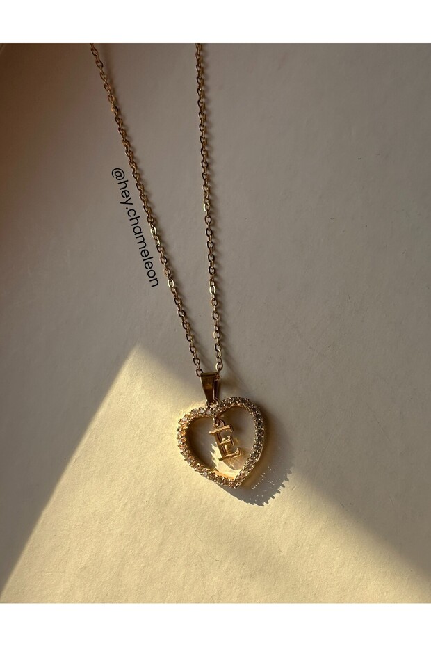 Taşlı Kalp "E" Harf Çelik Kolye - 3