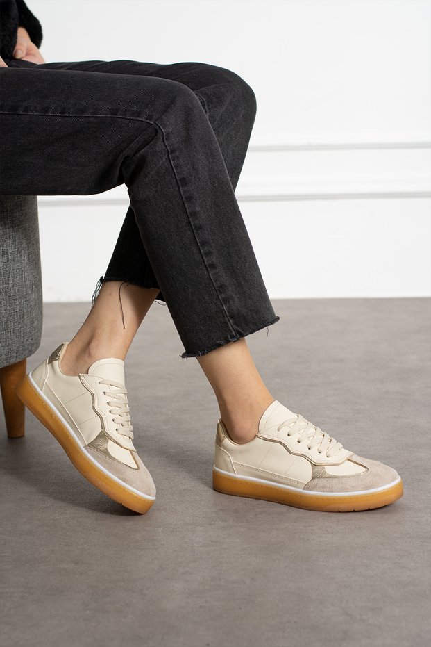 Women's Sneaker Lace-Up Comfortable Segmented Orthopedic Sole Daily Sports Shoes Beige