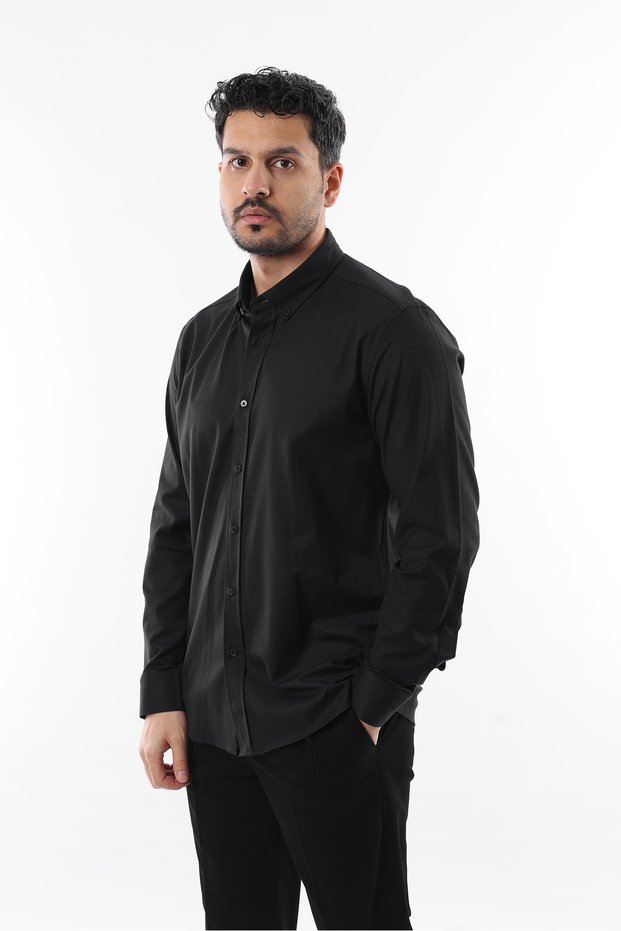 Black Slimfit Cotton Oxfort Lycra Collar Buttoned Long Sleeve Men's Shirt