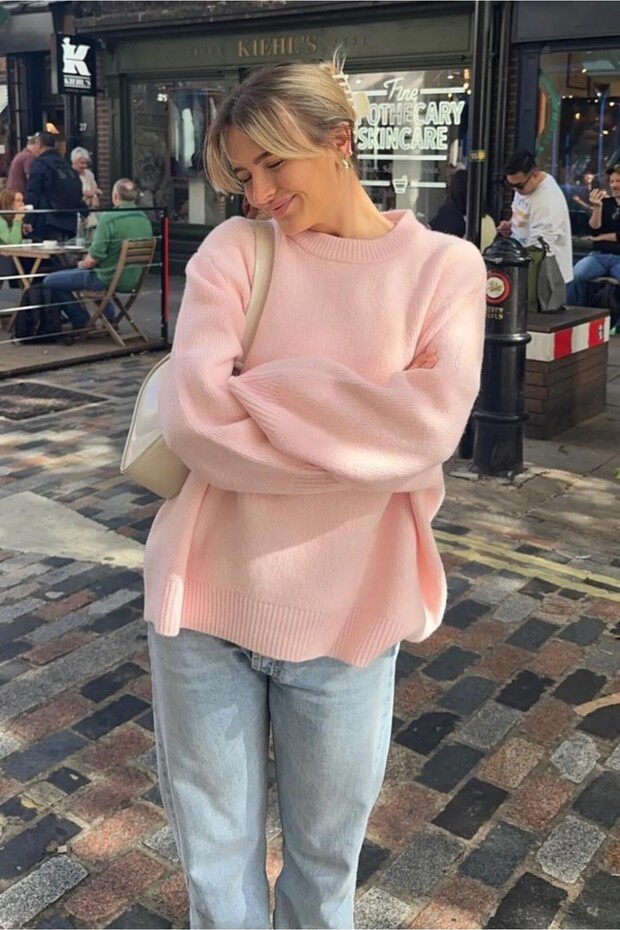 Pembe Bisiklet Yaka Oversize Triko Kazak Fmoda1972 - 5