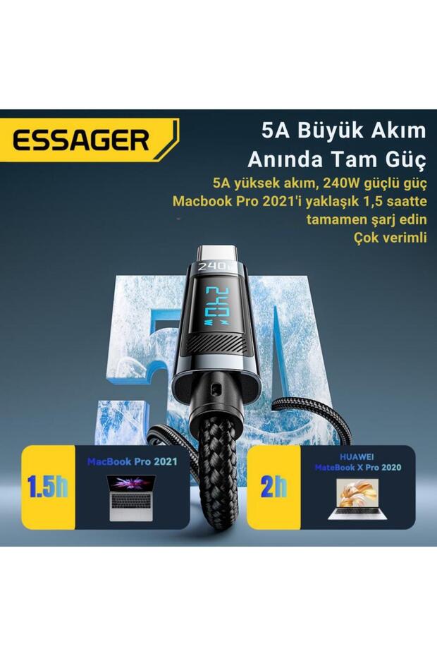 2 Metre 240w Dijital Ekranlı Type-c To Type-c Mega Hızlı Data Şarj Kablosu, Ultra Sağlam Hal - 5