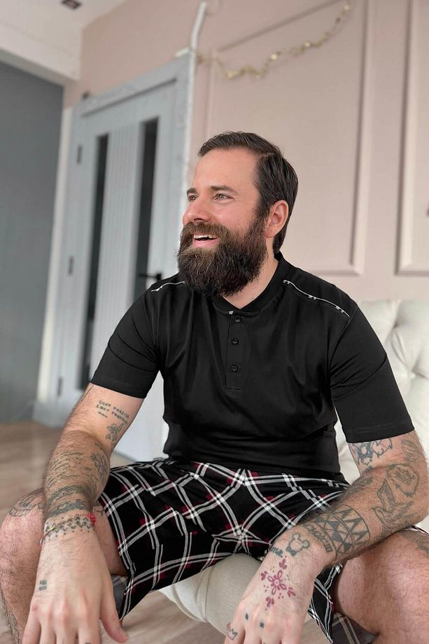 Siyah Ekose Line Edge Detaylı Şortlu Kısa Kollu Erkek Pijama Takımı - 5