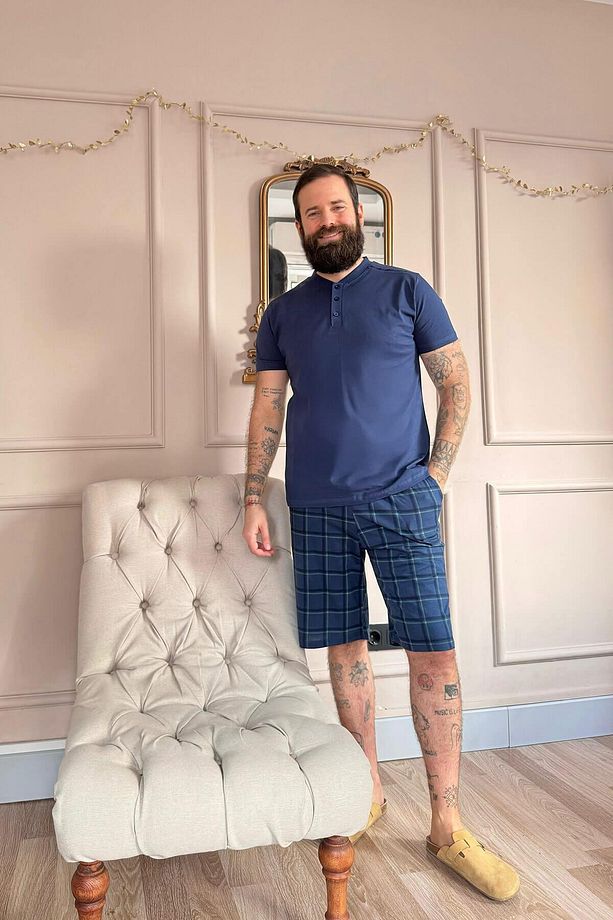 Lacivert Ekose Line Edge Detaylı Şortlu Kısa Kollu Erkek Pijama Takımı - 7