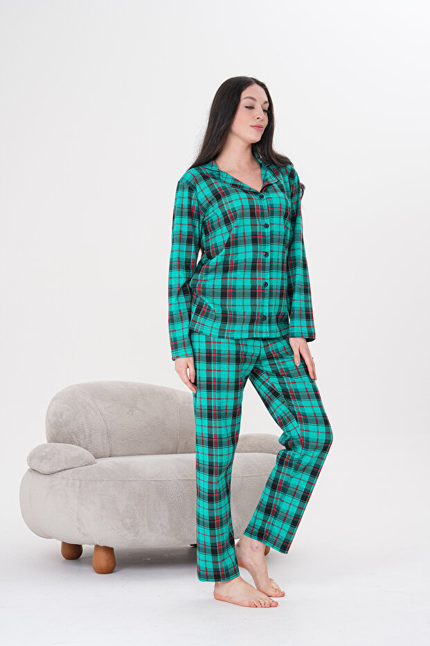 Cotton Buttoned Shirt Collar Pajama Set Green Plaid Printed