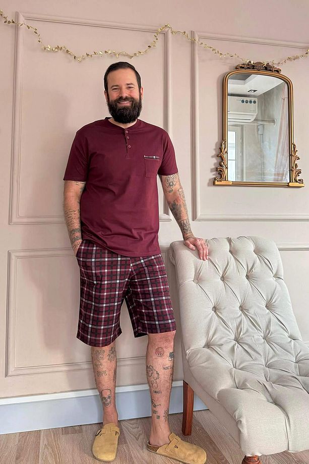 Bordo Ekose Cep Detaylı Şortlu Kısa Kollu Erkek Pijama Takımı - 7