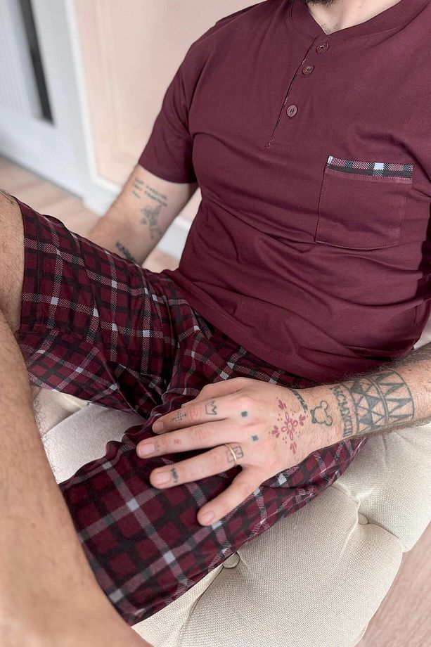 Bordo Ekose Cep Detaylı Şortlu Kısa Kollu Erkek Pijama Takımı - 6