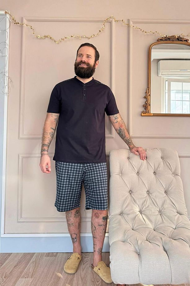 Gri Siyah Ekose Line Edge Detaylı Şortlu Kısa Kollu Erkek Pijama Takımı - 7