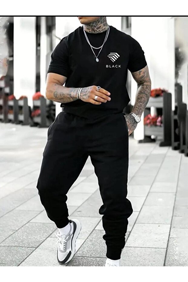 Men's Black Jogger Tracksuit Set - Side Chest Black Printed T-Shirt and Sweatpants