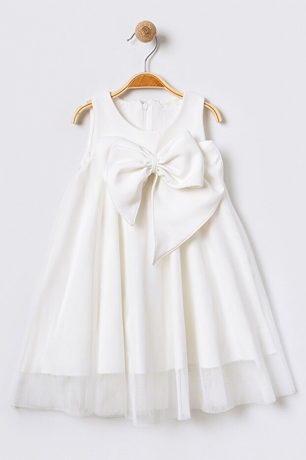 Lined Chiffon Fabric Bow Detail Flared Cutout Round Neck White Girl's Dress 15700