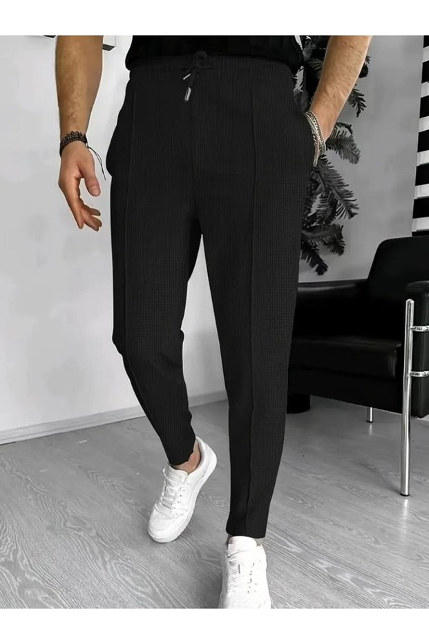 Men's High Waist Front Lace-Up Pocket Waffle Pants