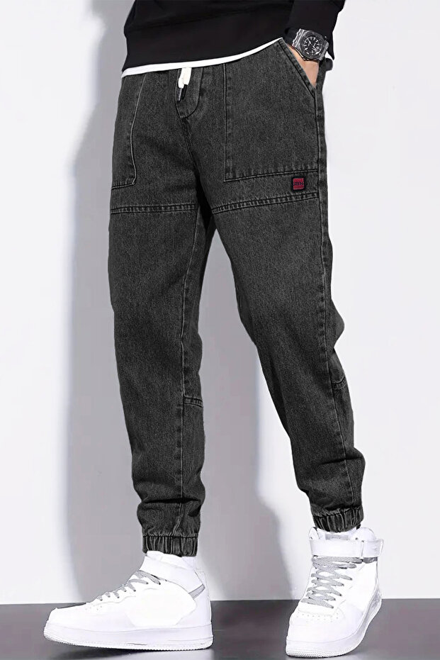 Men's Anthracite Regular Fit Comfortable Cut Jean Denim Jeans with Elastic Waist and Cuffs Rf0483