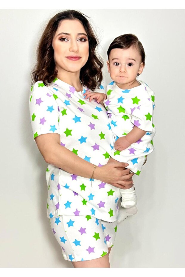 Mother Child Matching Pajama Set Star Pattern Short Sleeve Shorts (Sold Individually)