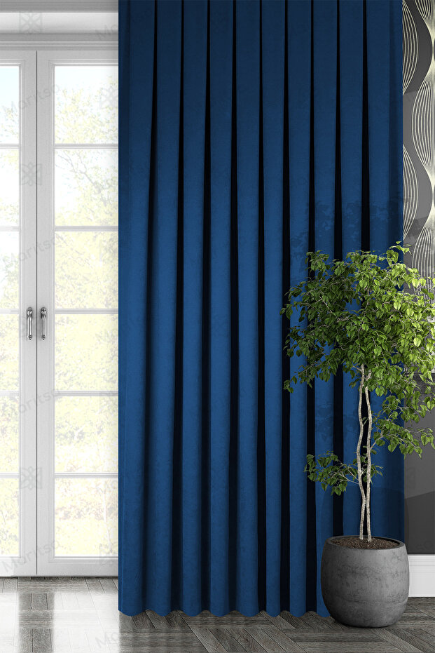 Velvet Textured Series Parliament Blue Close Pleat (1x3) Single Wing Background Curtain