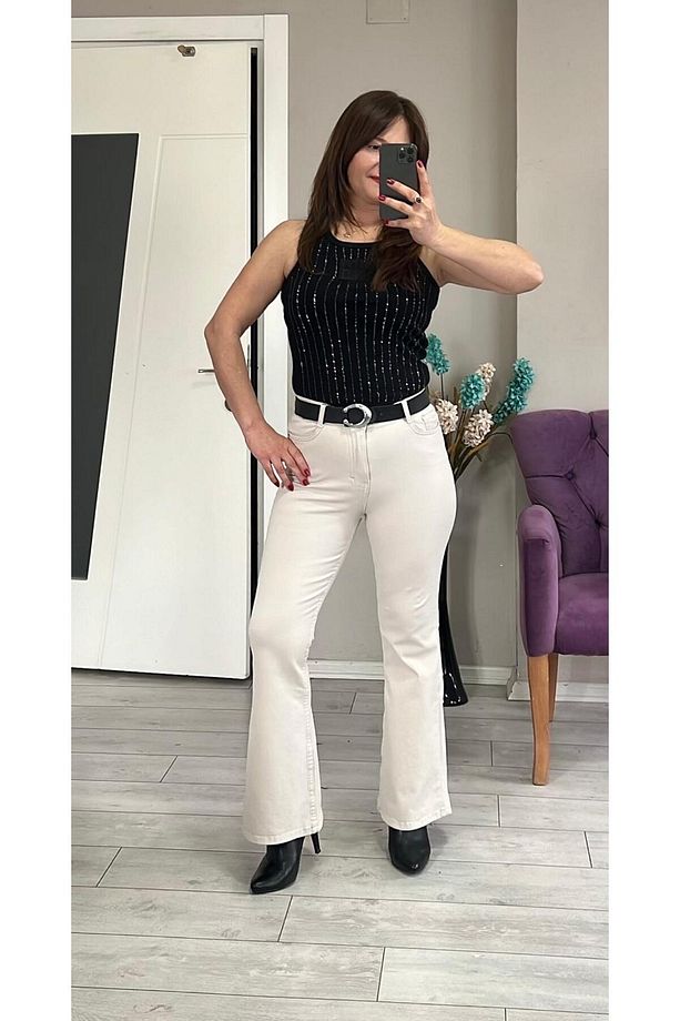 TAŞ RENGİ İSPANYOL KOT PANTOLON - 1