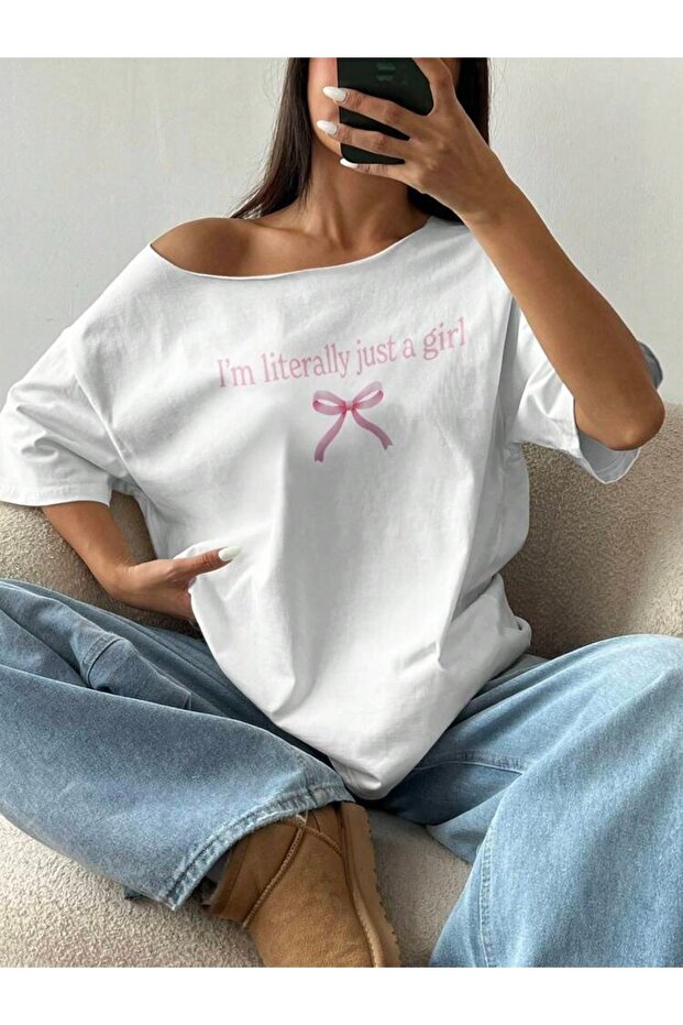 Plus Size Boat Neck Just a Girl Printed Oversize 100% Cotton T-Shirt