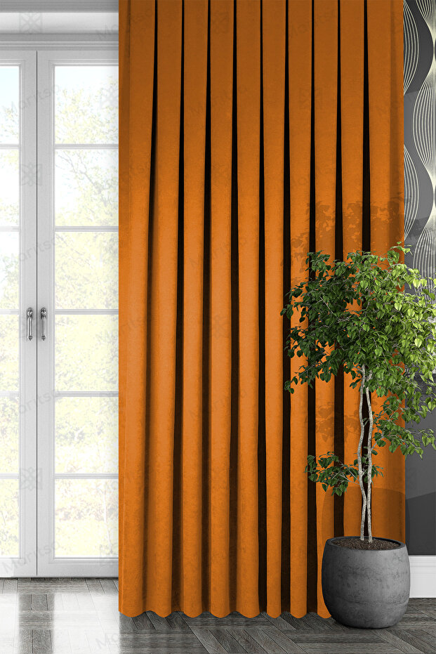 Velvet Textured Series Orange Close Pleat (1x3) Single Wing Background Curtain
