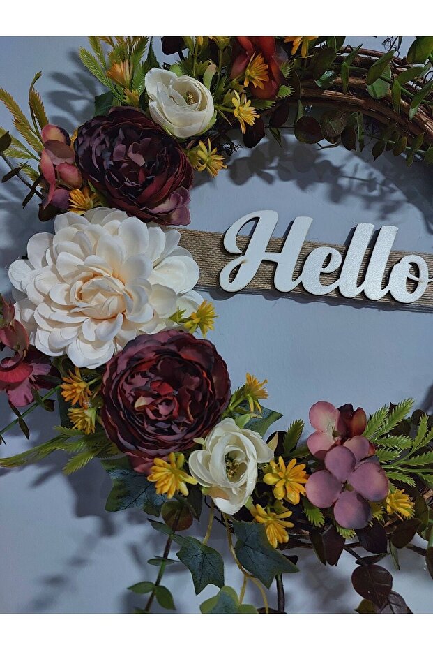 Bordo Şakayıklı Kapı Süsü 35 Cm- Turuncu Sarılı Kapı Çelengi, Kapı Süsü, Kapı Çelenk, Ev Dekor - 4