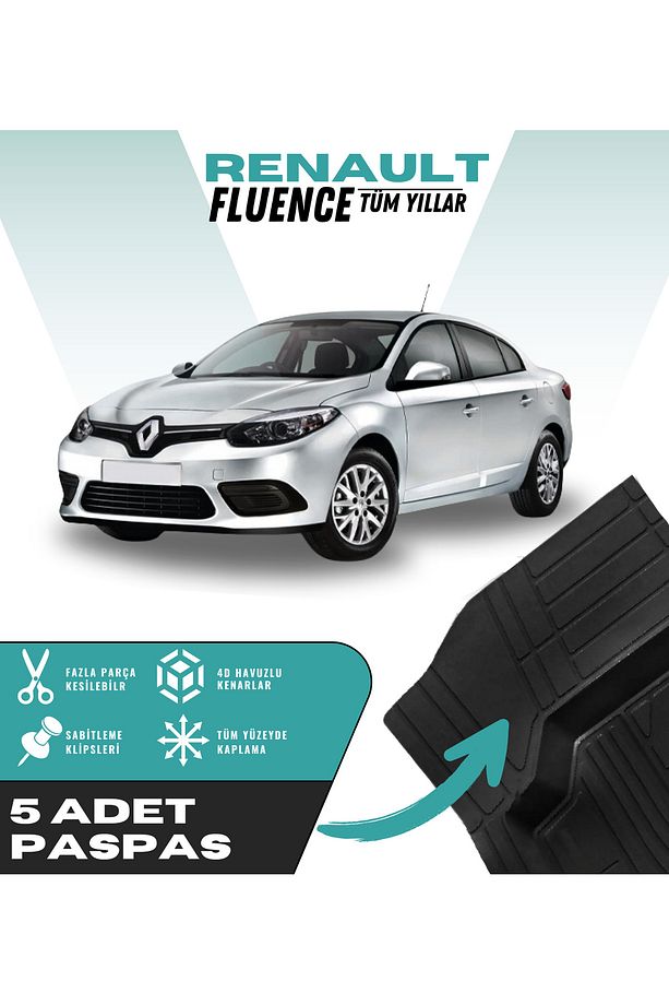 Renault Fluence Tüm Yıllar 5'li Paspas Seti Yüksek Kalite Kesilebilir Universal Oto Paspas - 1