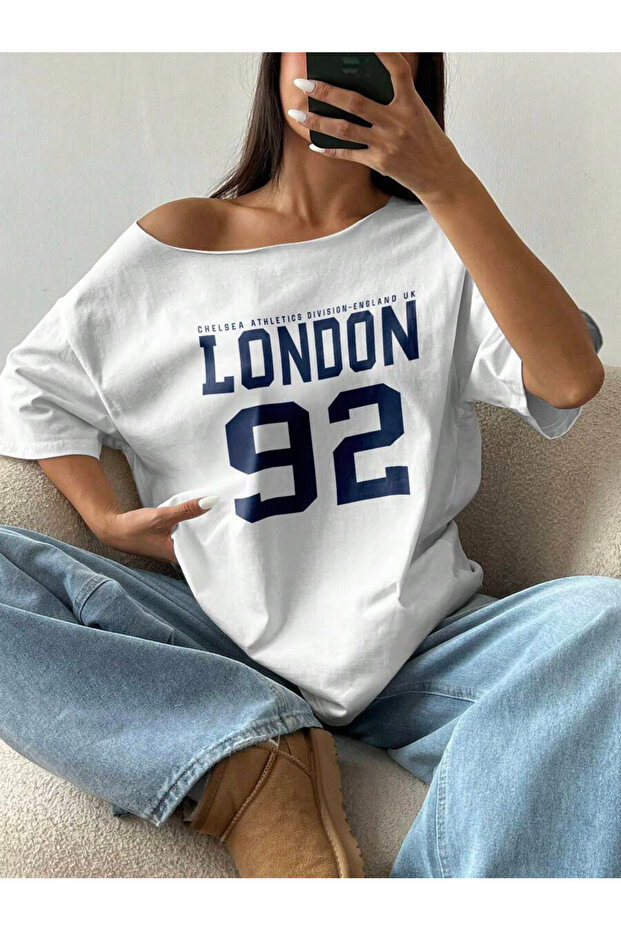 Large Size Boat Neck London Printed Oversize 100% Cotton T-Shirt