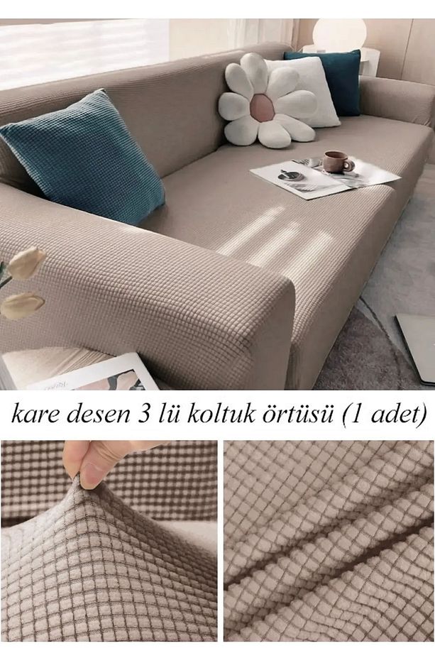 Streç Lastikli Esnek Yikanabilir Kare Desen Berjer Üç Kişilik Koltuk Örtüsü Koltuk Kılıfı (Bir Adet) - 1