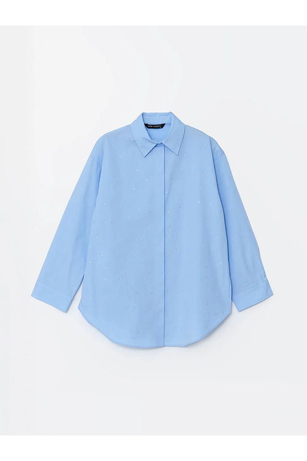LCW Modest Mavi Parlak Taşlı Poplin Kadın Gömlek Tunik - 3