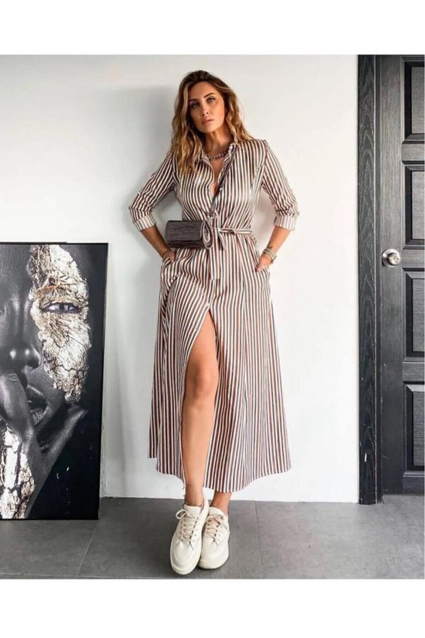 Women's Tile Black Beige Striped Pocketed Belted Comfortable Long Sleeve Long Casual Shirt Dress 3259300